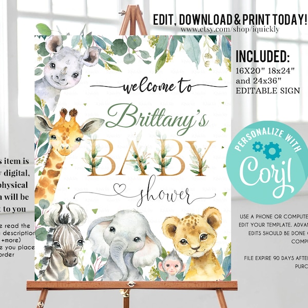 Safari Baby Shower Welcome Sign, EDITABLE, Boy Jungle animals Birthday sign, Gender neutral Digital Wild one Theme Instant download