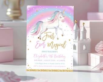 Vier magische Einladungen Bearbeitbarer Einhorn-Geburtstag laden Pastell 4 überhaupt magische Mädchen 4.Einladung Druckbare Vorlage Digitaler Download