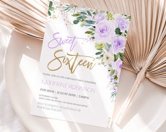 May include: A purple and gold sweet sixteen birthday party invitation with a floral design. The invitation includes the text "Sweet Sixteen", "Please join us for a birthday party honoring Katherine Robinson", "Saturday | August 28th | 2:00PM", "Katherine's House", "2345 Floral Blush Ave Las Vegas Nevada 98765", "RSVP to Mariha 345-678-9000 or Mariha@gmail.com", and "www.etsy.com/shop/iquickly".