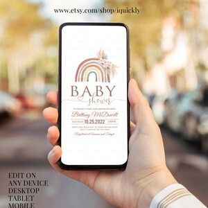 May include: A digital invitation for a baby shower with a watercolor rainbow, floral accents, and the text "BABY shower" in a brown script font. The invitation includes the name "Brittany McDowell", the date "10.25.2022", and the time "2:00PM".