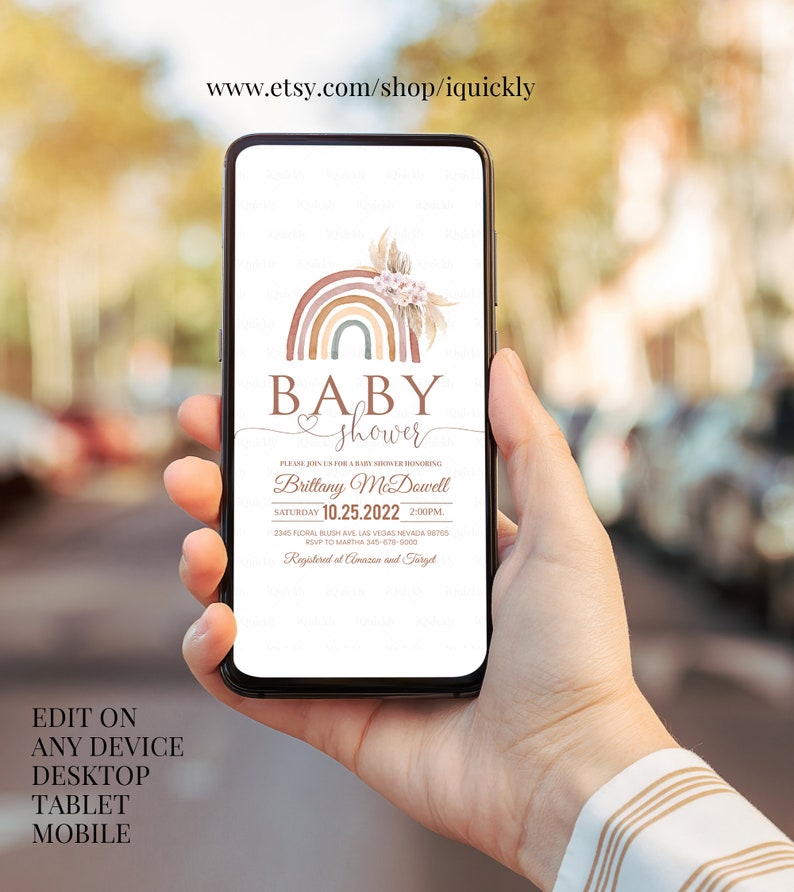 May include: A digital invitation for a baby shower with a watercolor rainbow, floral accents, and the text "BABY shower" in a brown script font. The invitation includes the name "Brittany McDowell", the date "10.25.2022", and the time "2:00PM".