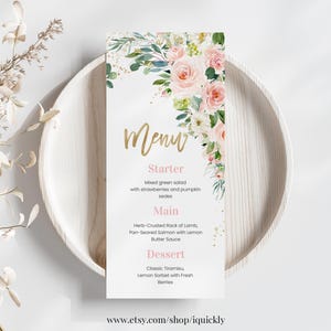 Modelo editável de cartão de menu de aniversário Pink Blush, brunch de aniversário de 16 anos, menus de mesa floral, festa para adultos, impressão digital para download