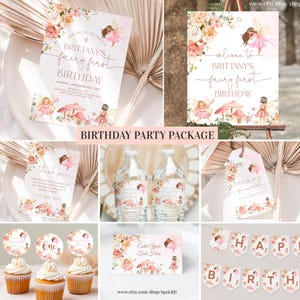 May include: A printable party package for a first birthday with a fairy theme. The package includes a welcome sign, invitations, thank you tags, cupcake toppers, water bottle labels, and a banner. The design features pink, peach, and gold colors with a watercolor floral pattern and fairies.