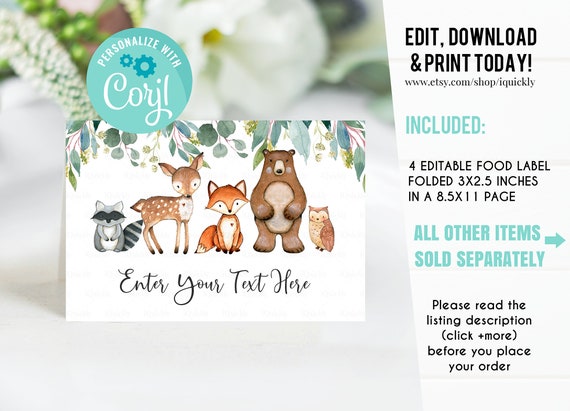 EDITABLE Woodland Baby shower Food tags, Buffet label, Tent card Food Labels, Place Cards, Table Card Printable Template, Instant download Il_570xn