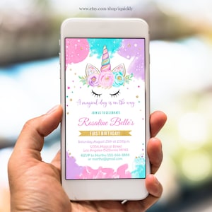 Unicorn Electronic Invitation Editable Unicorn Party Phone Birthday Invitations Magical Invite Girl gold Template Digital Instant Download