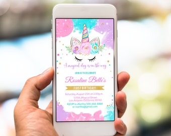 Unicorn Electronic Invitation Editable Unicorn Party Phone Birthday Invitations Magical Invite Girl gold Template Digital Instant Download