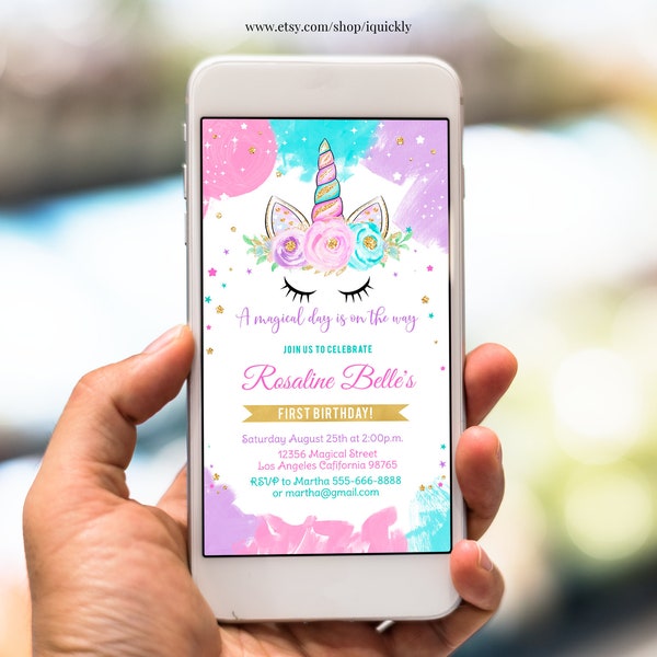 Invito elettronico unicorno Modificabile Unicorn Party Phone Inviti di compleanno Invito magico ragazza modello oro Download immediato digitale
