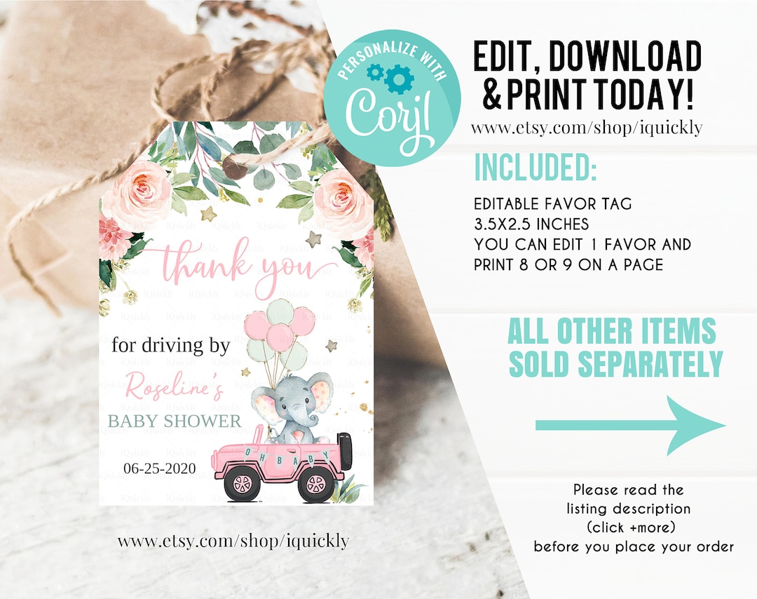 Editable Drive by Baby Shower Favor Tag Elephant Drive Through Gift Tag