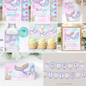 May include: Editable party package for a mermaid-themed birthday party. The package includes a variety of printable items, such as invitations, thank you cards, cupcake toppers, a banner, and water bottle labels. The design features a mermaid tail with pink, purple, and blue scales, gold glitter, and a seahorse.