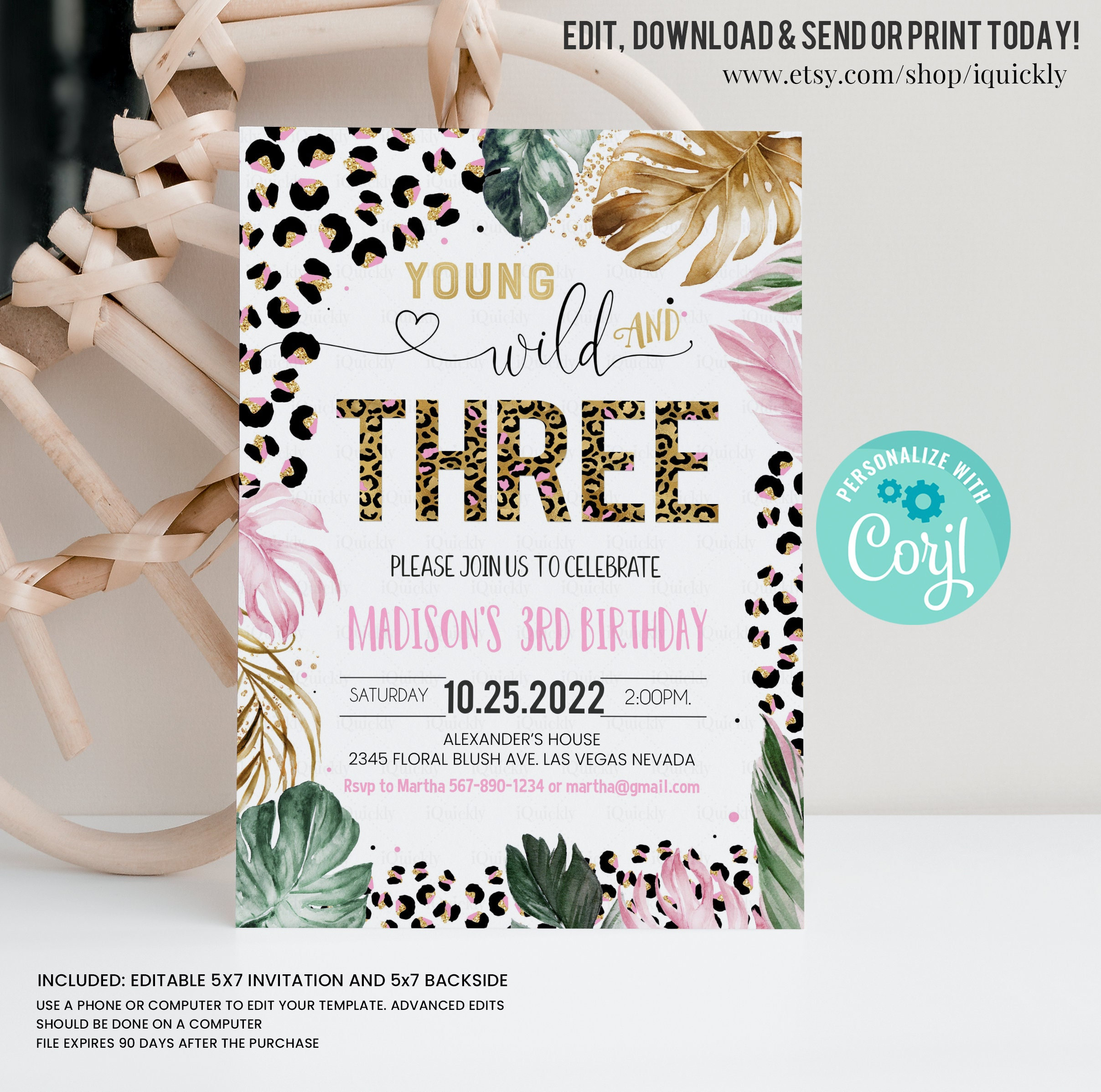 Editable Groovy Young Wild and Three 3rd Birthday Invite - Denmark