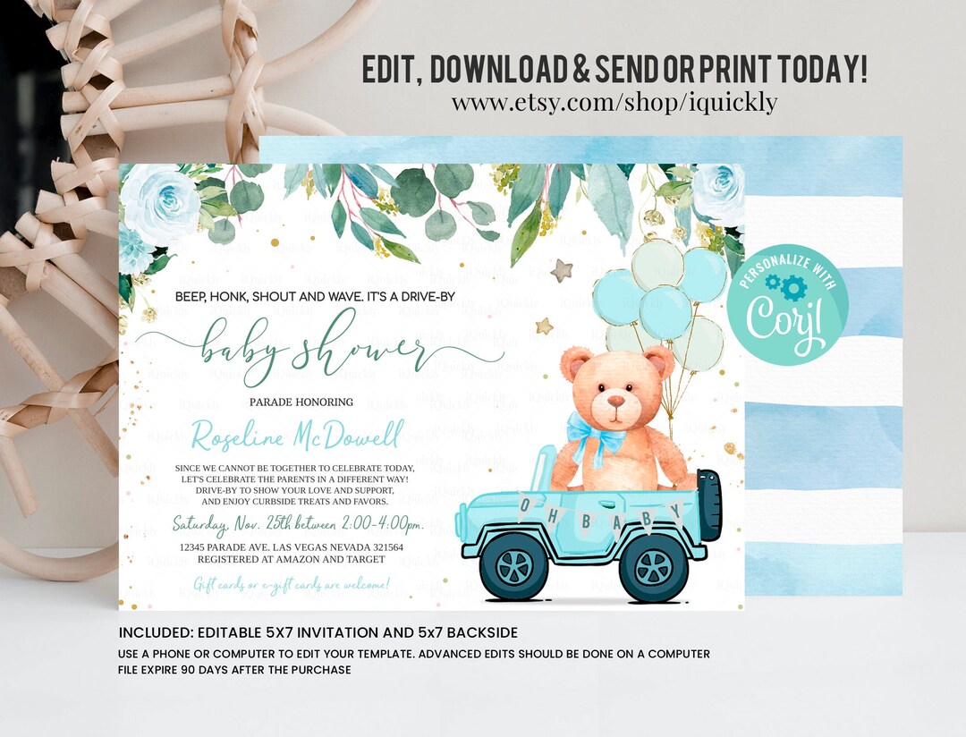 Editable Drive by Baby Shower Invitation Teddy Bear Drive Etsy