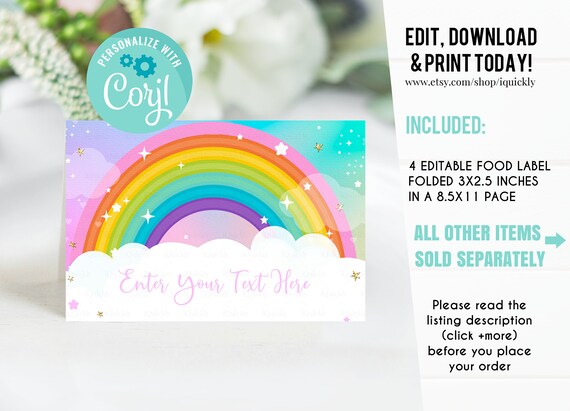 EDITABLE Rainbow Food tags, Buffet label, Tent card Food Labels, Place ...