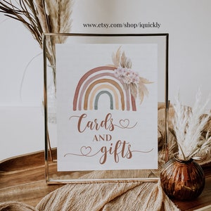 Boho Rainbow Baby Shower Cards and Gifts Sign, 8x10 Pampas grass Boho Cards and Gifts Sign, Printable Sign Digital Instant Download RAI001