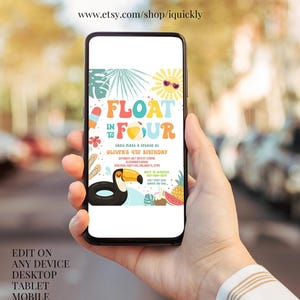 Puede incluir: Un tel&eacute;fono inteligente muestra una colorida invitaci&oacute;n de cumplea&ntilde;os con el texto "Float in Four". El dise&ntilde;o incluye un tuc&aacute;n, un sol con gafas de sol y una sand&iacute;a. La invitaci&oacute;n se sostiene en una mano, con la URL de la tienda de Etsy visible en la parte superior.