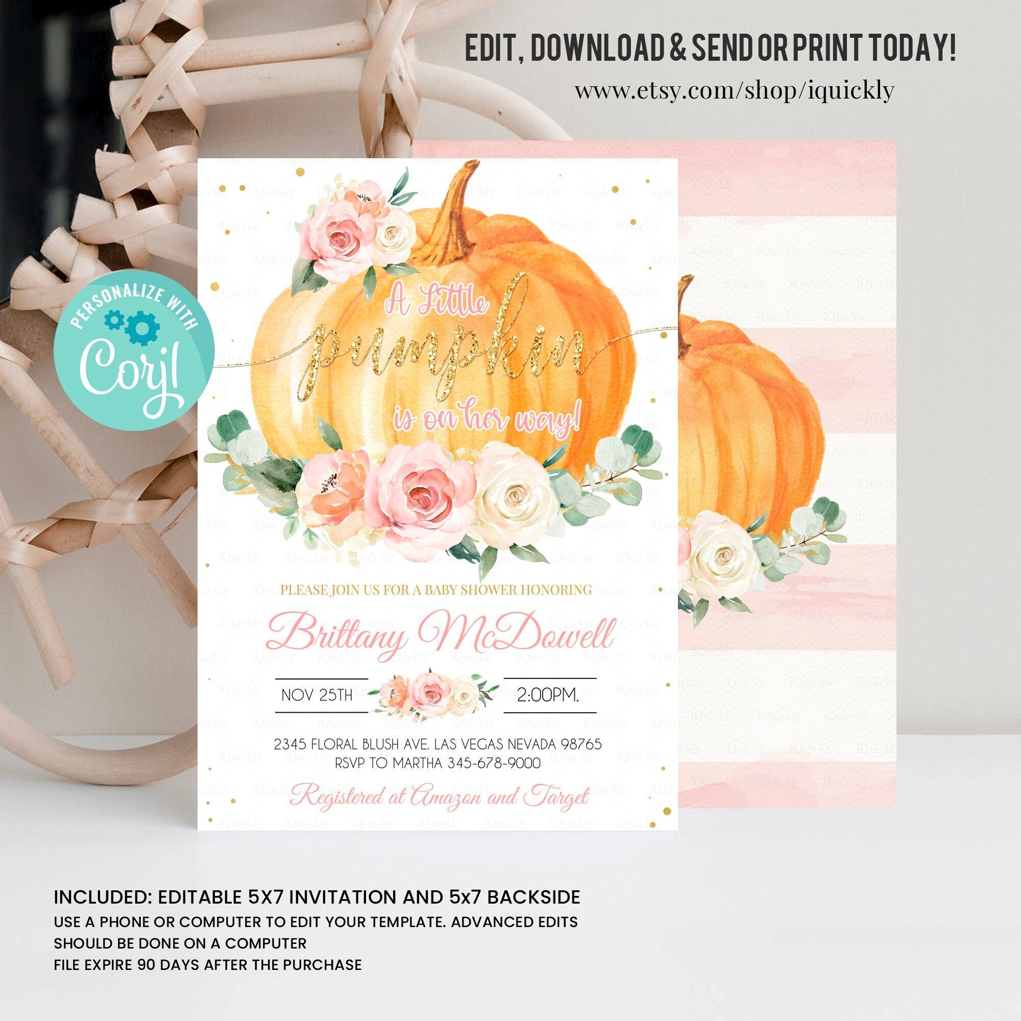 EDITABLE Pumpkin Baby Shower Invitation Floral Pink and gold Girl little Pumpkin Baby Shower Invites Fall Autumn Instant