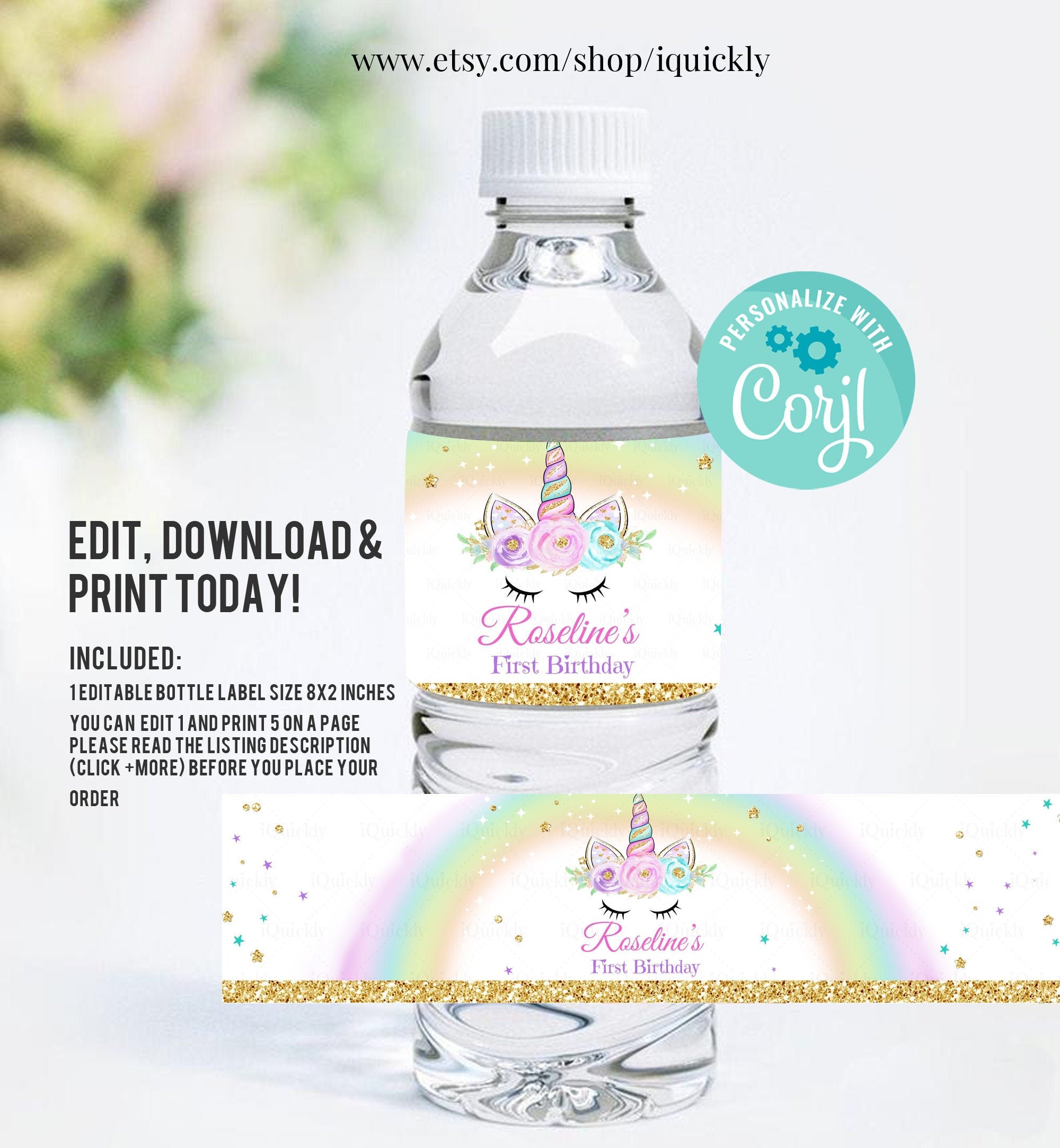 editable unicorn bottle water labels unicorn baby shower etsy