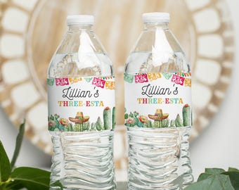 Etiqueta editable para botella de agua Fiesta Tres esta Mexican Party Tacos Cactus Cinco de Mayo Regalos Etiquetas Plantilla Descarga digital FIE05