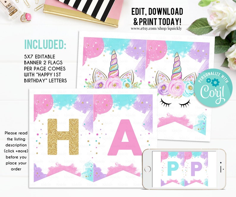 EDITABLE Unicorn Banner, Happy Birthday Banner, Printable 1st Birthday buting banner, Baby Shower Template, Boho Girl, Instant download image 1