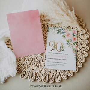 May include: A pink and gold floral birthday invitation with the number 90 in gold. The invitation is for Katherine Robinson's 90th birthday party on August 28th at 2:00 PM. The invitation includes the address and RSVP information.