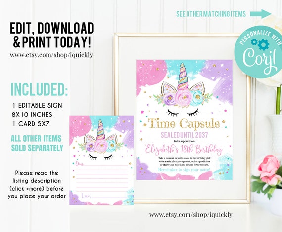 EDITABLE Unicorn Time Capsule Matching Note Cards, First Birthday Unicorn Party, Magical Unicorn 1st Birthday Time Capsule Instant download Il_570xn