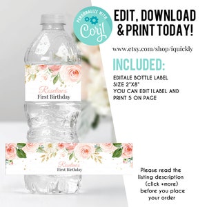 May include: Editable water bottle label template with a pink floral design and gold accents. The label says "Roseline's First Birthday".