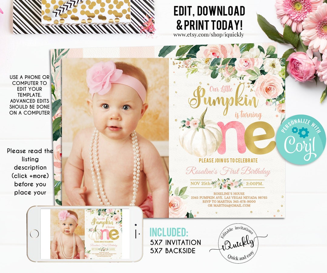 Editable Pumpkin First Birthday Invitation, Floral Pink and Gold Little ...
