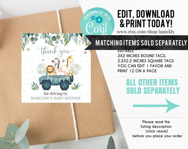 Editable Drive by Baby Shower Favor Tag Safari Animal Drive Through Gift Tag Drive-By Baby shower Thank you tags Parade Instant Download image 5
