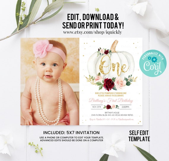 Pumpkin First Birthday Invitation Editable, Burgundy Girl 1st Pumpkin Invites, Fall, Autumn Invitations, Instant Download Template Printable Il_570xn