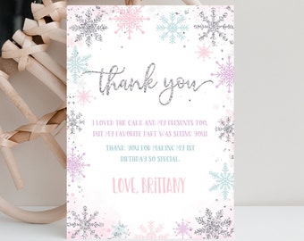 Editable Winter Onederland thank you card, Girl Snowflake First Birthday Note card Pink Silver Winter Wonderland Template Download Winter07