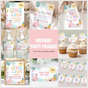 May include: A tropical-themed birthday party set. The package includes invitations, thank you cards, water bottle labels, cupcake toppers, a framed sign, and a banner. Designs feature a flamingo, sun, and pineapple.