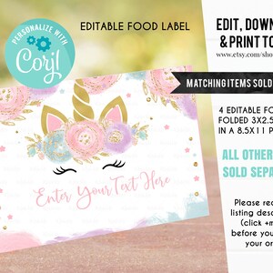 May include: Editable food label template featuring a unicorn with pink, blue and gold flowers. The label is folded to 3 by 2.5 inches and can be printed on an 8.5 by 11 inch page. The text "Enter Your Text Here" is included on the label.