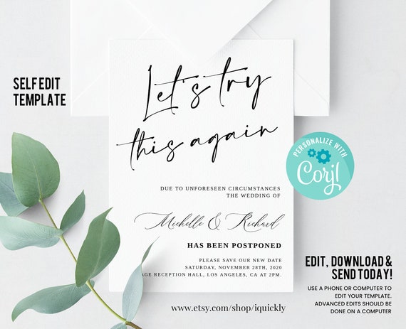 Announcement Change the Date Wedding Postponement Download Digital Template Wedding Cancellation Printable