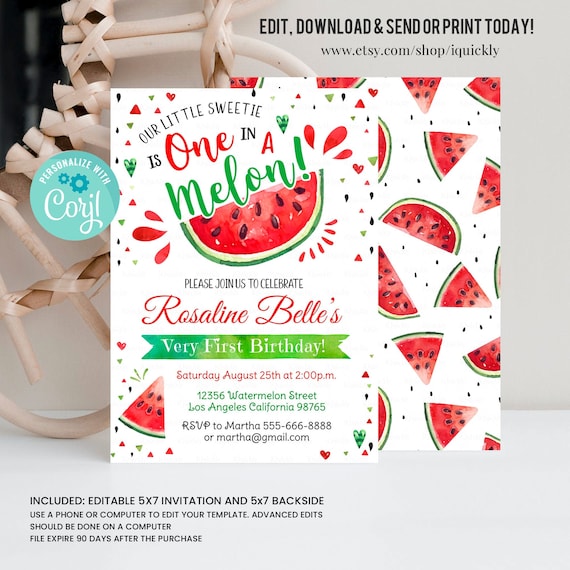 Editable Watermelon Invitation, Birthday Invitations, Red Watermelon ...