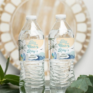 Editable The Big One Surf Botella de Agua Etiqueta Boy Surf Up Beach Cumpleaños Fiesta Decoración Decoración Imprimible Descarga Instantánea