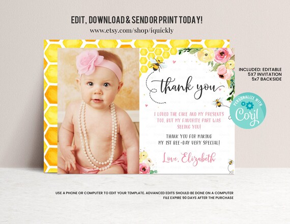 EDITABLE Bee Thank you card, Honey bee First Birthday Note card Bumble Bee Printable Birthday Template card Printable Instant download Il_570xn