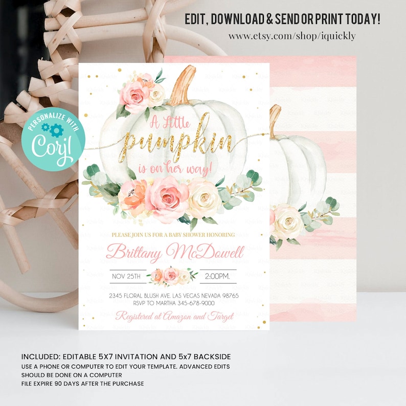 EDITABLE Pumpkin Baby Shower Invitation, Floral Pink and gold Girl little Pumpkin  Shower Invites, Fall Autumn Instant Download Template P1 