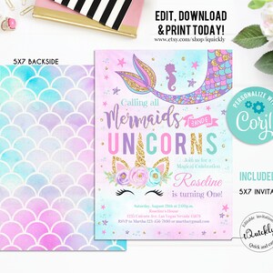 Editable Unicorn Mermaid Birthday Invitation, Mermaid invite, Unicorn party, Magical Unicorn Instant download Printable template digital 4 image 2
