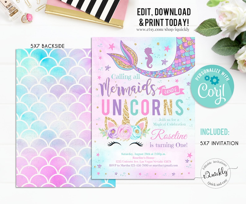 Editable Unicorn Mermaid Birthday Invitation, Mermaid invite, Unicorn party, Magical Unicorn Instant download Printable template digital 4 image 2