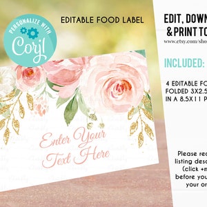 May include: Editable food label template with a pink floral design and gold glitter accents. The label is folded to 3 by 2.5 inches and is printable on an 8.5 by 11 inch page. The text "Enter Your Text Here" is included on the label.