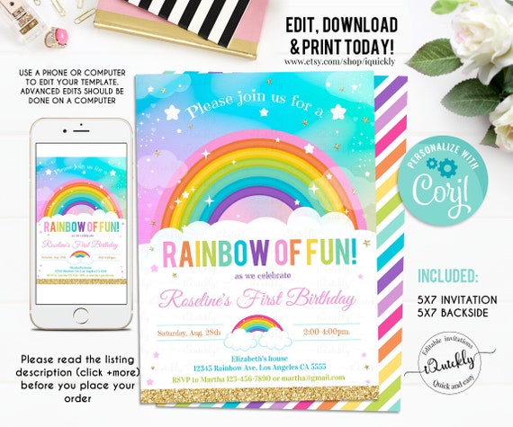 Rainbow Birthday Invitation EDITABLE, ANY Age, Rainbow Confetti Invite Party Girl or Boy, instant Download Printable Digital Template Il_570xn