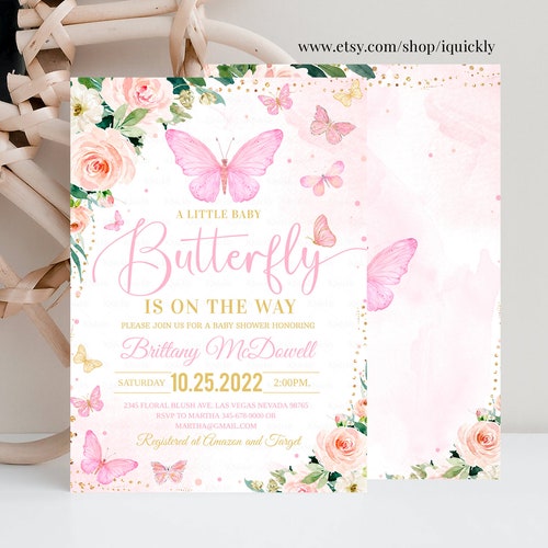 Pink Butterfly Baby Shower Invitation Template Editable Pink Etsy