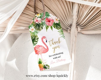 May include: Pink flamingo thank you tag with tropical leaves and flowers. The tag says "Thank you for celebrating with us! Love, Brittany".