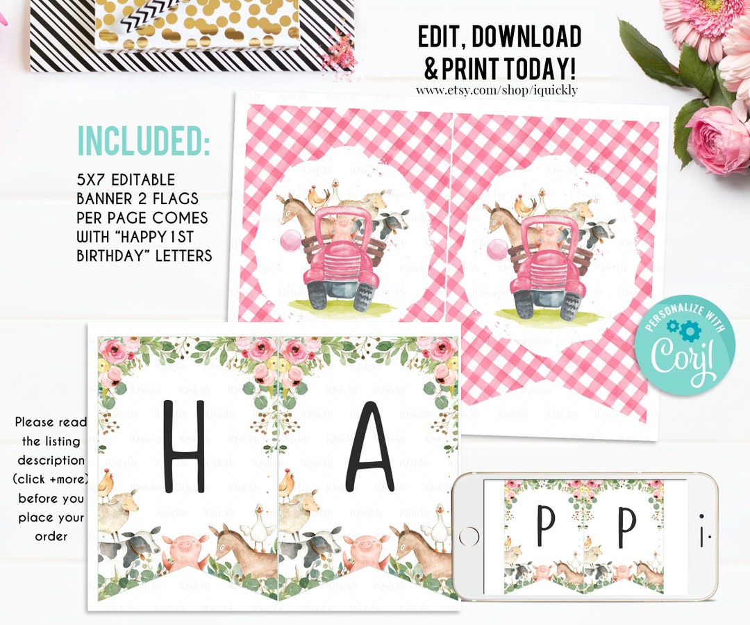 EDITABLE Farm Banner, Happy Birthday Banner, Girl Printable 1st ...