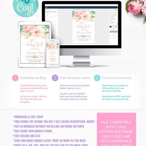 May include: A pink and green baby girl shower invitation template with a floral design. The template is editable and can be downloaded and printed. The text on the template reads "Sweet Baby Girl Roseline Belle".