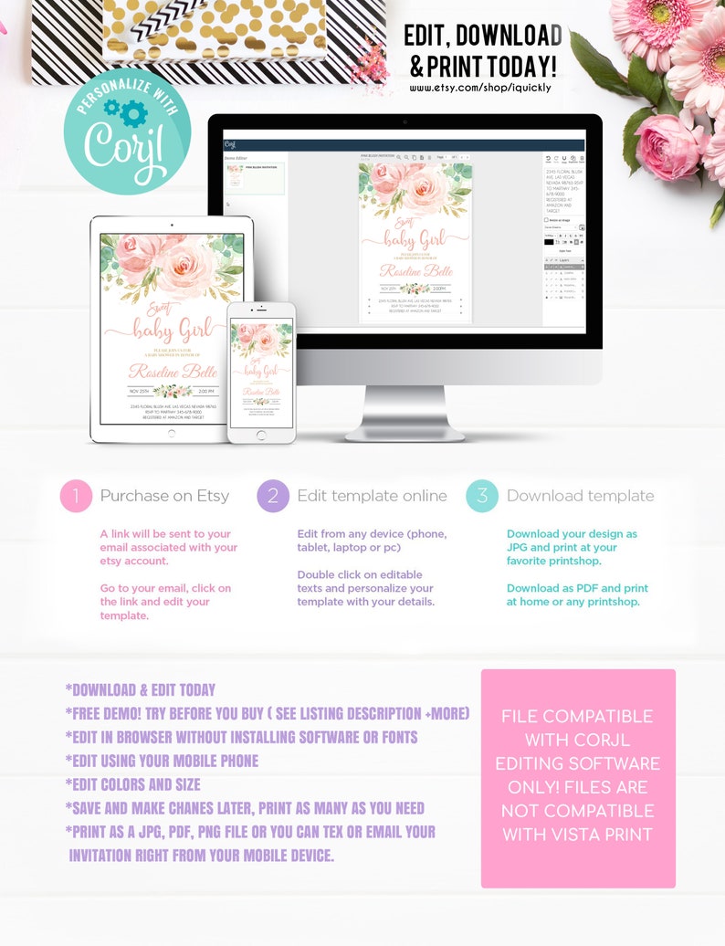May include: A pink and green baby girl shower invitation template with a floral design. The template is editable and can be downloaded and printed. The text on the template reads "Sweet Baby Girl Roseline Belle".