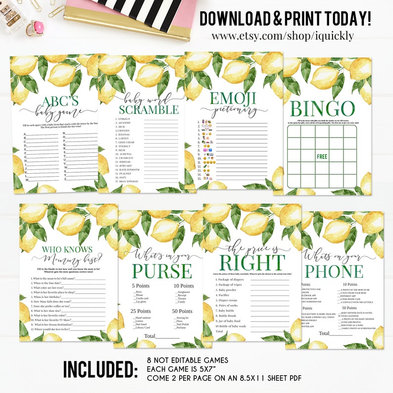 Lemon Baby Shower Games Set, Citrus Baby Shower Game Bundle, Gender neutral Lemonade Bingo The price Download Digital Printable image 1