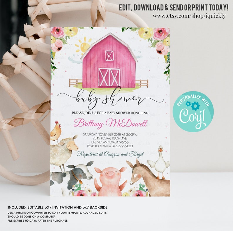 Farm Baby Shower Invitation Girl Editable Pink Farm Animals Etsy
