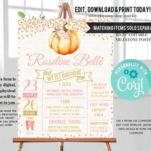 May include: A printable first birthday milestone poster with a pumpkin theme. The poster is decorated with gold glitter and pink accents. It features the name "Roseline Belle" and includes details like weight, height, and favorite foods. The poster is customizable with the text "Personalize with Corl".