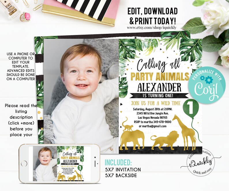 Jungle gold Birthday Invitation, EDITABLE jungle Invitations, Photo Safari Invite, Giraffe Elephant Wild one Boy Instant download Printable image 1