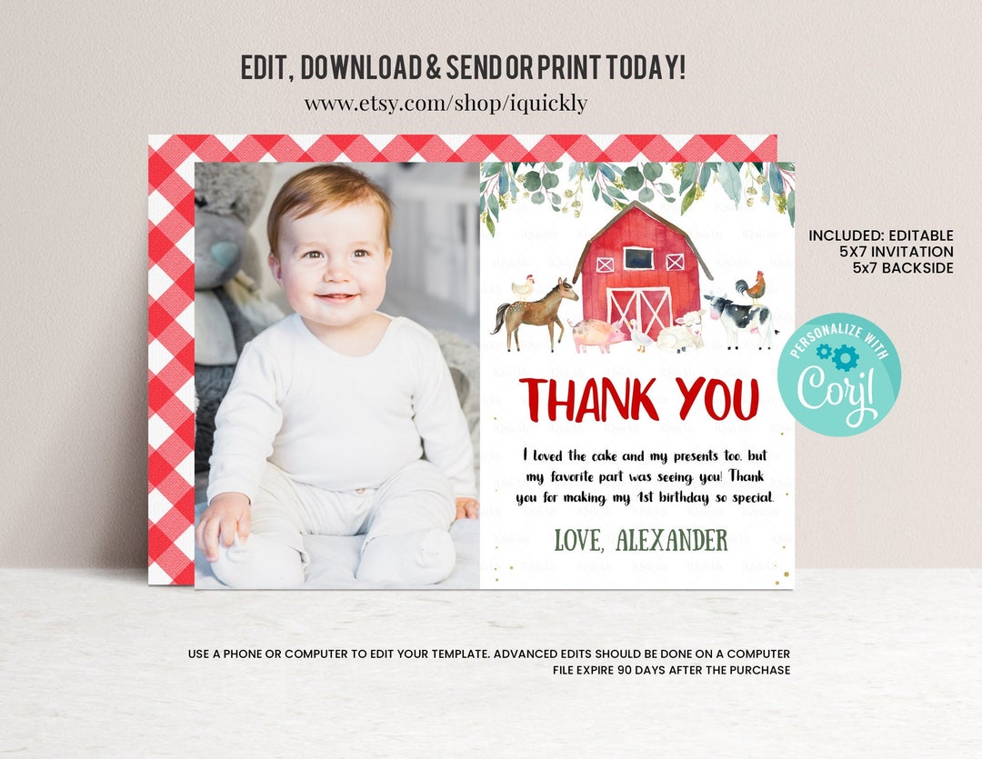 EDITABLE Farm Thank You Card Barnyard First Birthday Note - Etsy